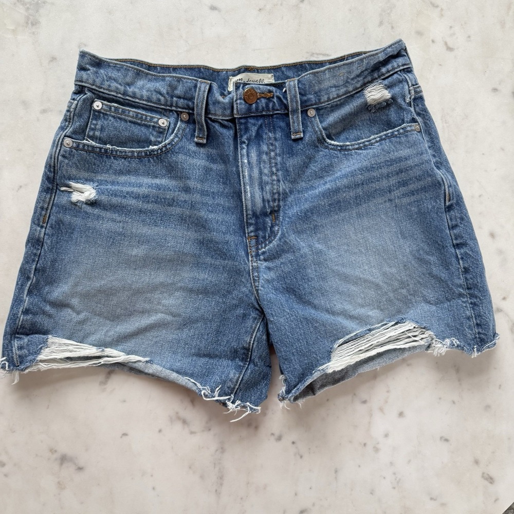MADEWELL High-rise Relaxed Mid-Length Denim Shorts Womens 28 Distress Raw Hem